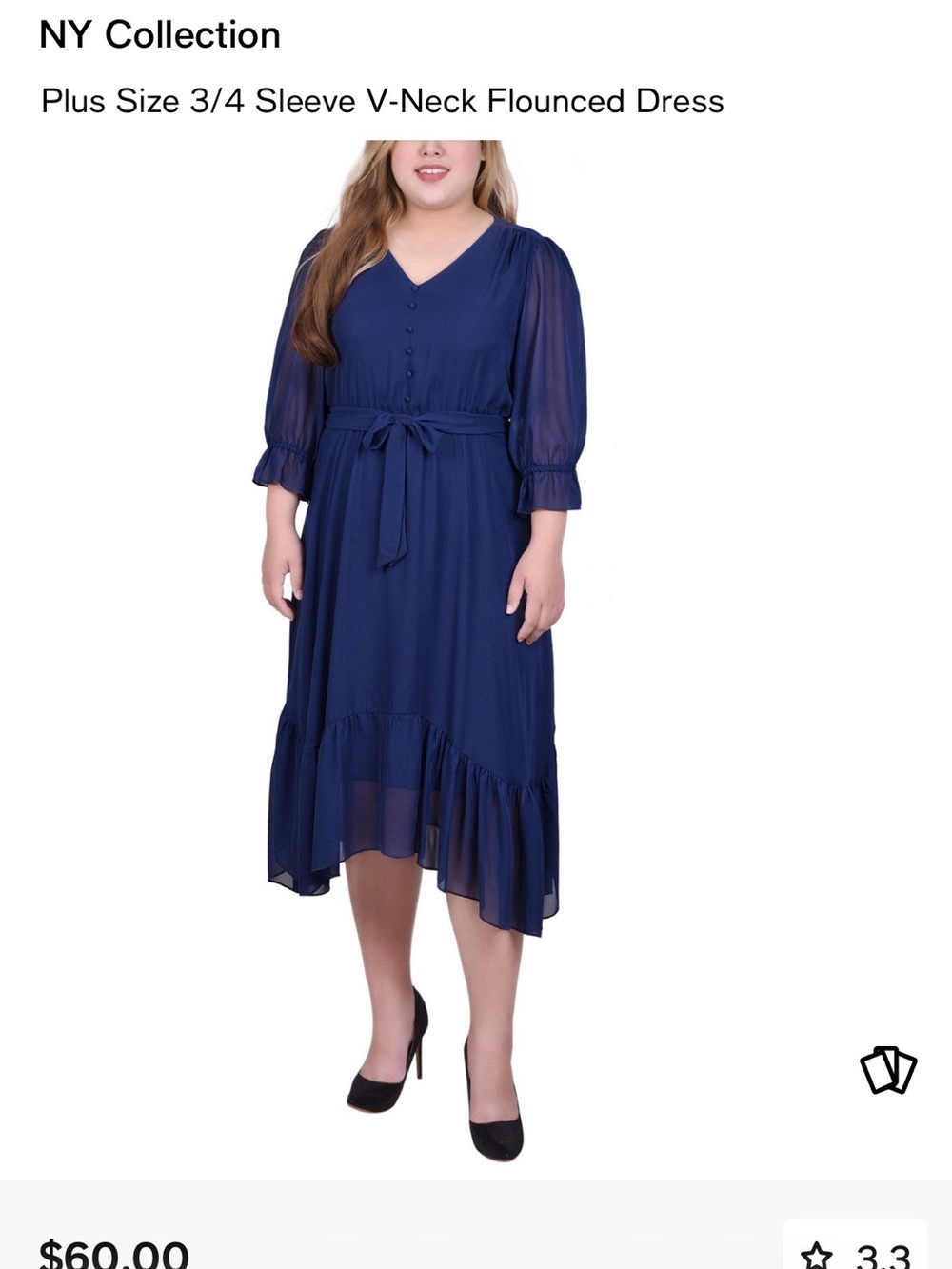 NY Collection Plus Size 3/4 Sleeve V-Neck Flounced Dress